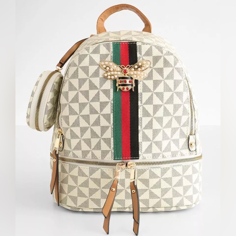 Tyler Rose Checkered Pinwheel Vegan Leather Backpack Pearl Crystal Queen Bee